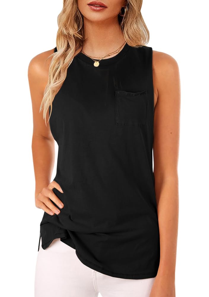 Mafulus Women's High Neck Tank Top Sleeveless Blouse Plain T Shirts Pocket Cami Summer Tops Large A-Black - Image 1